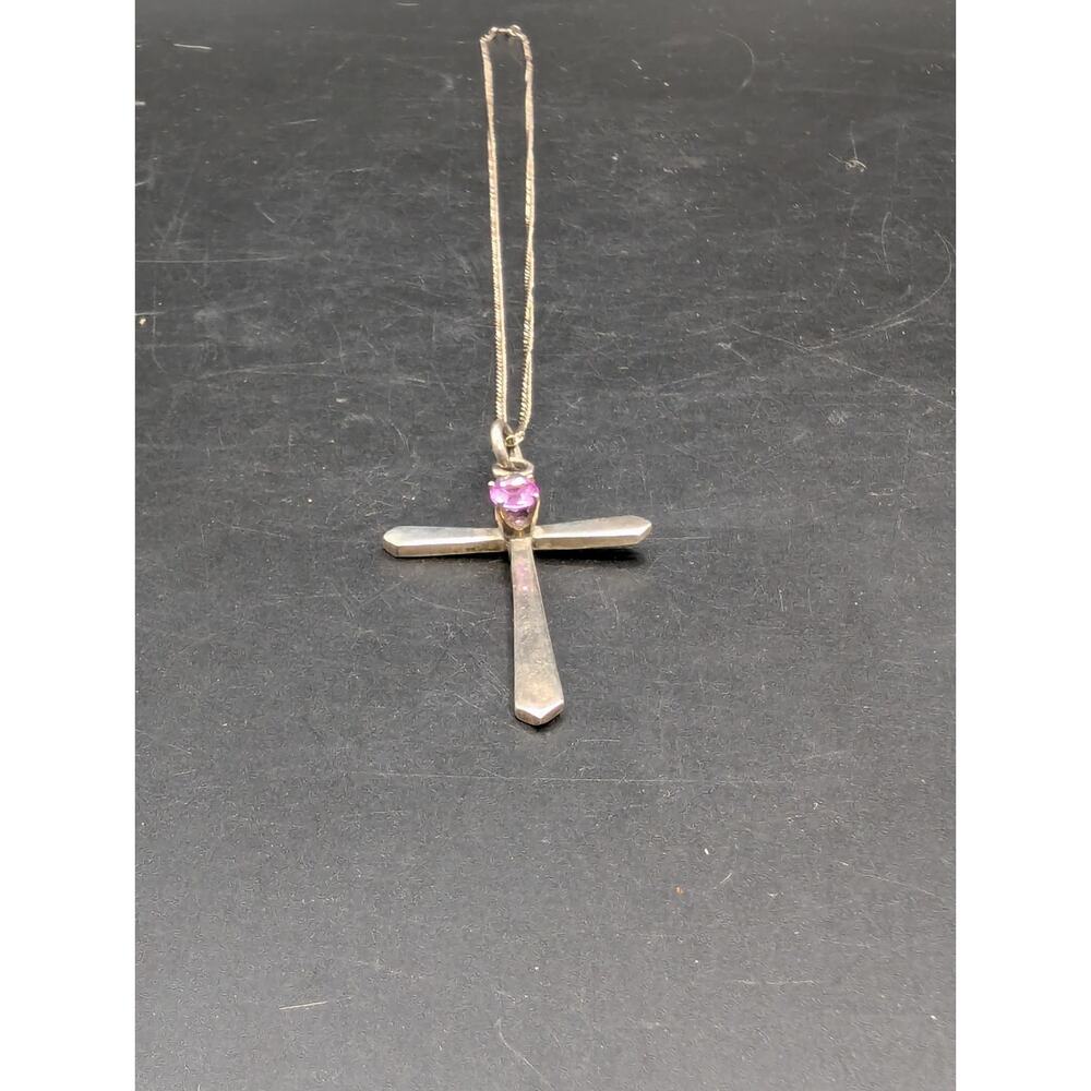 Vintage Art Deco Style 925 Pink Stone Cross Pendant Necklace Red UV Glows - Picture 3 of 12